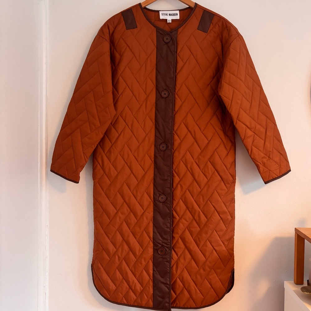 Steve Madden Emerson Quilted Longline Coat in Burnt Orange/Brown (XS)